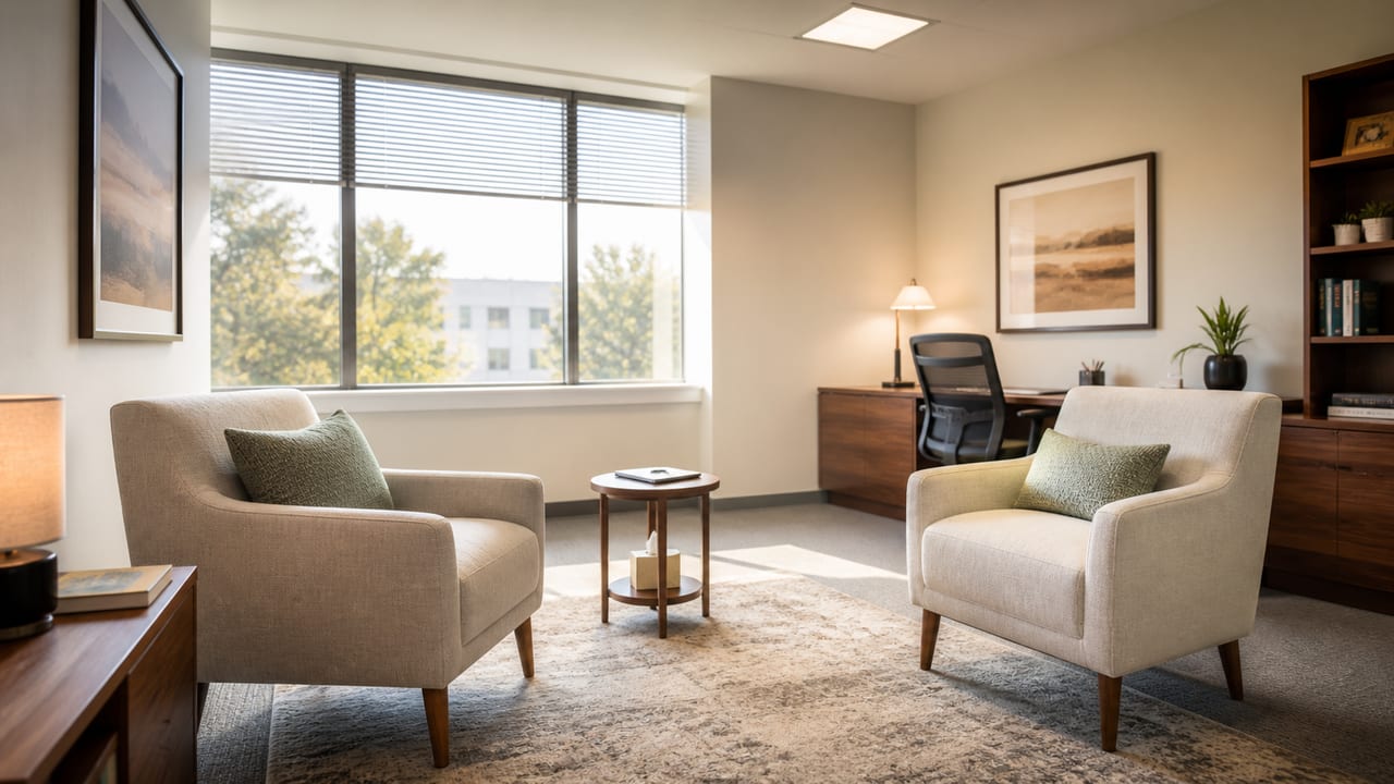 Warm counseling office with two chairs